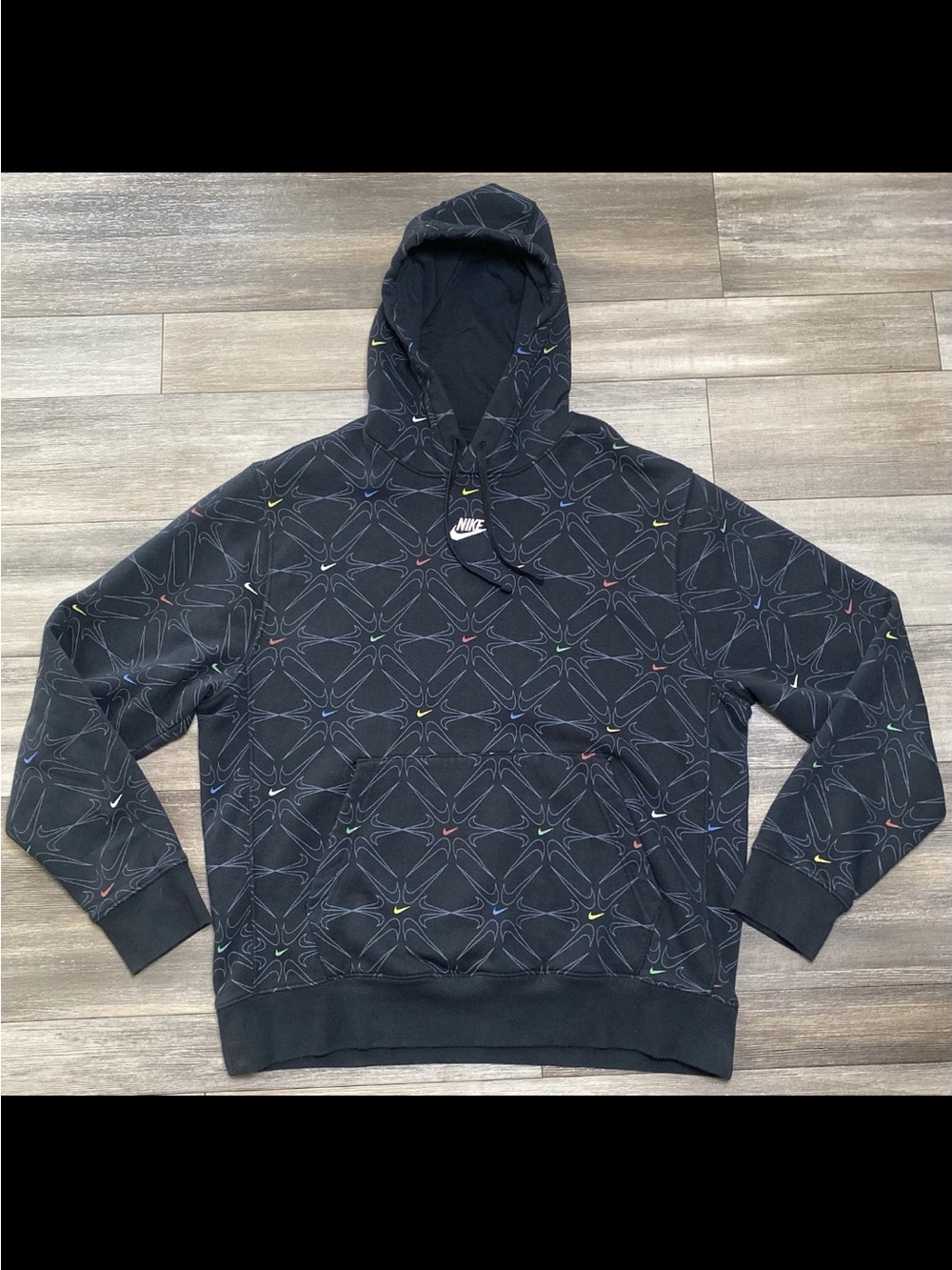 Nike Aop Pack All Over Hoodie Mens Large Black Multi Color Swoosh Logo Pullover